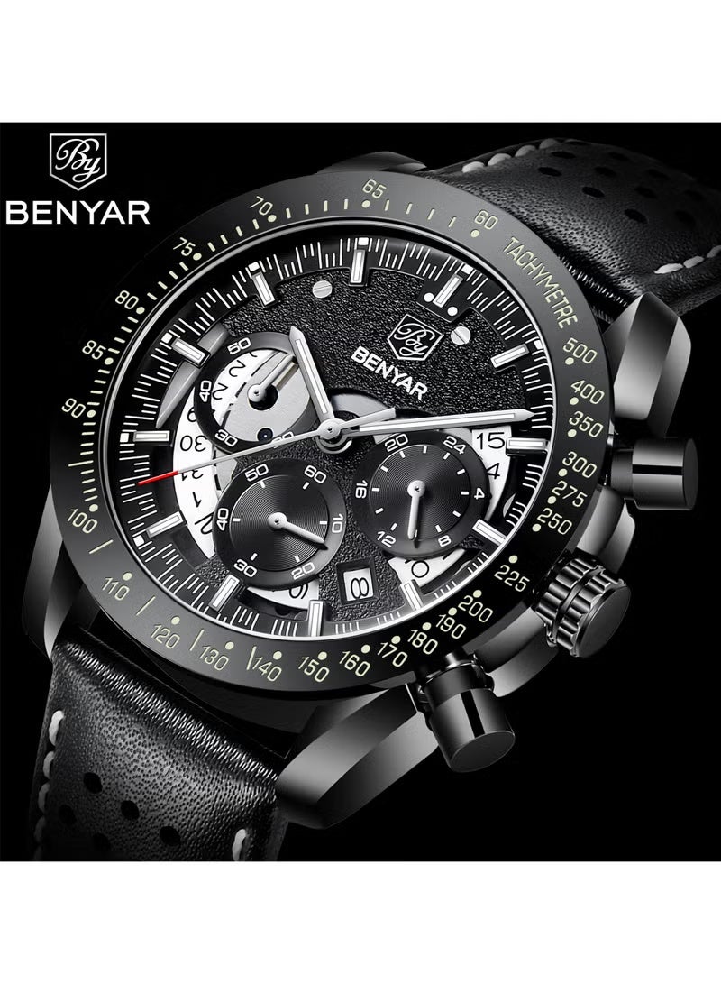BENYAR Watches for Men Luxury Quartz Water Resistant Watch Men's Chronograph Genuine Leather Strap 5120 Black - Image 2